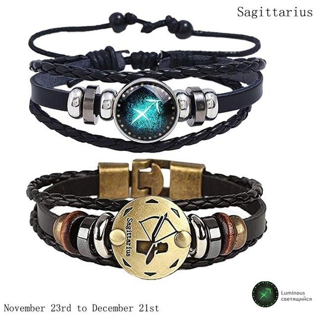 Zodiac Constellation 2 Bracelets Set - Luminous Charm Leather Bracelet + Gold Color Charm Leather Bracelet