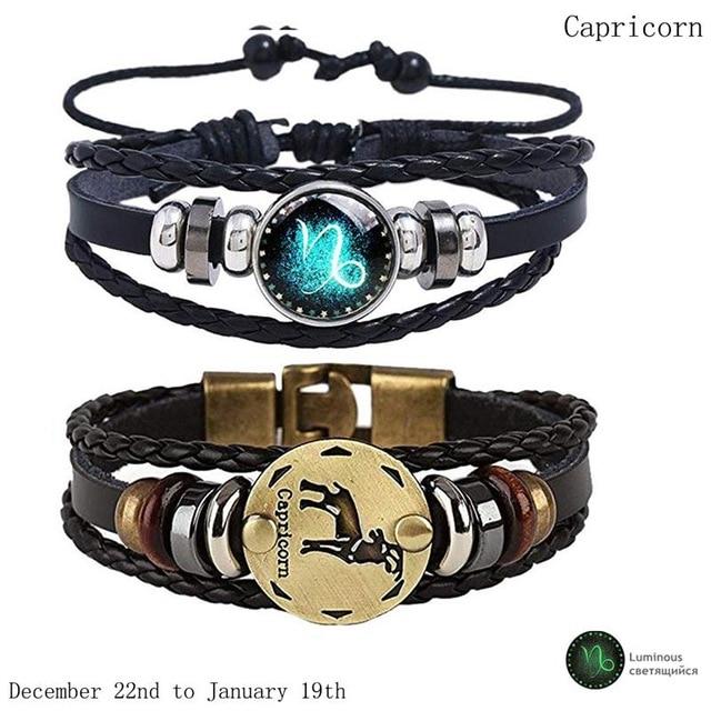 Zodiac Constellation 2 Bracelets Set - Luminous Charm Leather Bracelet + Gold Color Charm Leather Bracelet