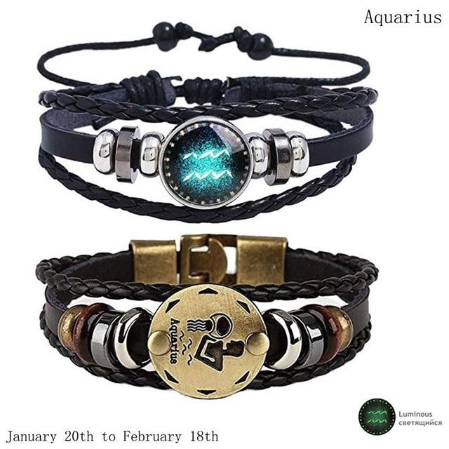 Zodiac Constellation 2 Bracelets Set - Luminous Charm Leather Bracelet + Gold Color Charm Leather Bracelet