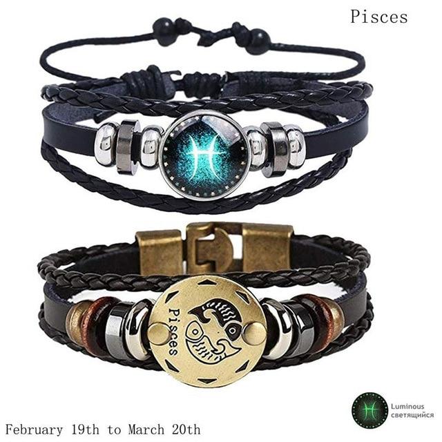 Zodiac Constellation 2 Bracelets Set - Luminous Charm Leather Bracelet + Gold Color Charm Leather Bracelet