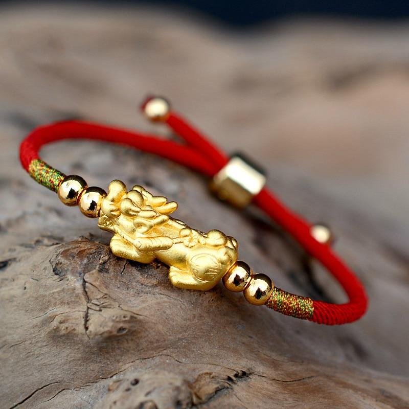 Sterling Silver Gold Pixiu Lucky Red Rope Bracelet