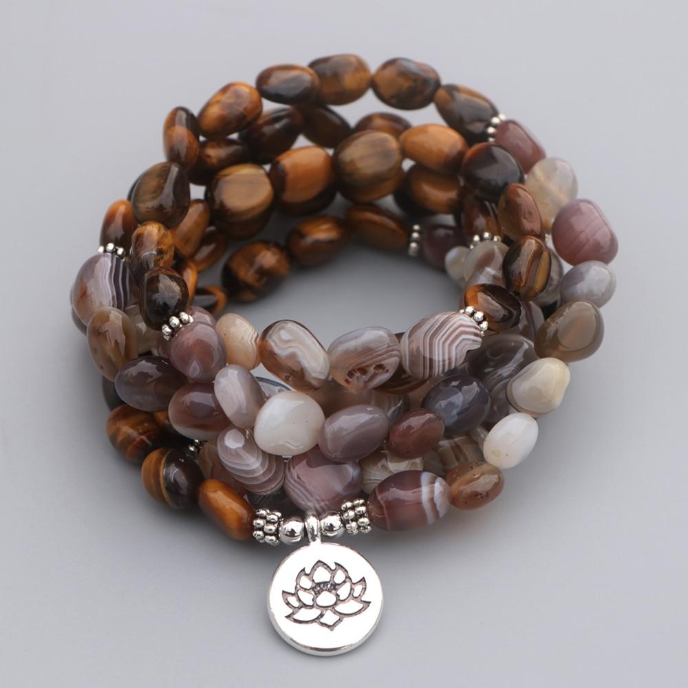 108 Unshaped Tiger Eye X Persian Gulf Onyx Beads Lotus Mala