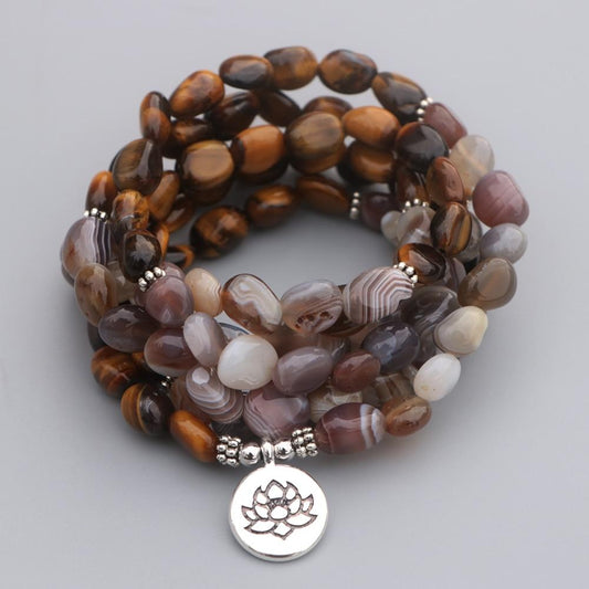 108 Unshaped Tiger Eye X Persian Gulf Onyx Beads Lotus Mala