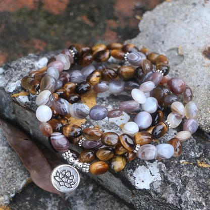 108 Unshaped Tiger Eye X Persian Gulf Onyx Beads Lotus Mala