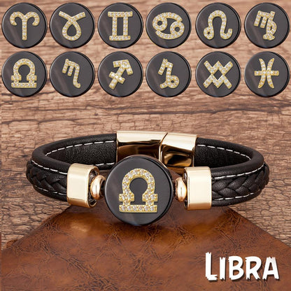 Zodiac Constellations Sign Natural Agate Leather Stainless Steel Bracelet