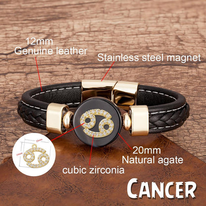 Zodiac Constellations Sign Natural Agate Leather Stainless Steel Bracelet