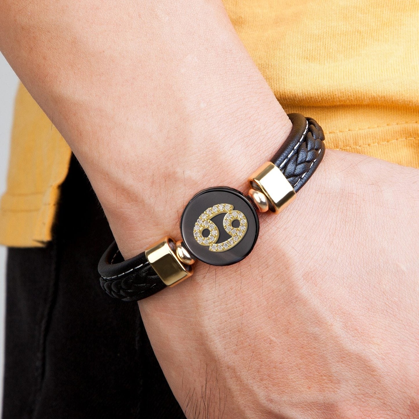 Zodiac Constellations Sign Natural Agate Leather Stainless Steel Bracelet