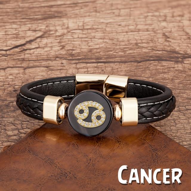 Zodiac Constellations Sign Natural Agate Leather Stainless Steel Bracelet