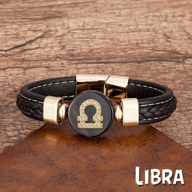 Zodiac Constellations Sign Natural Agate Leather Stainless Steel Bracelet