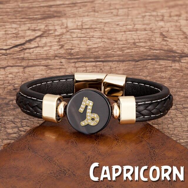 Zodiac Constellations Sign Natural Agate Leather Stainless Steel Bracelet