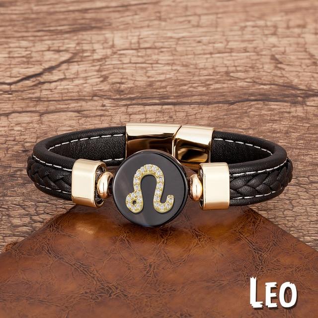 Zodiac Constellations Sign Natural Agate Leather Stainless Steel Bracelet