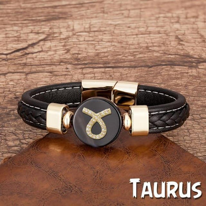 Zodiac Constellations Sign Natural Agate Leather Stainless Steel Bracelet