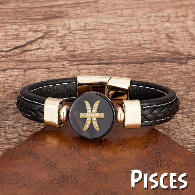 Zodiac Constellations Sign Natural Agate Leather Stainless Steel Bracelet