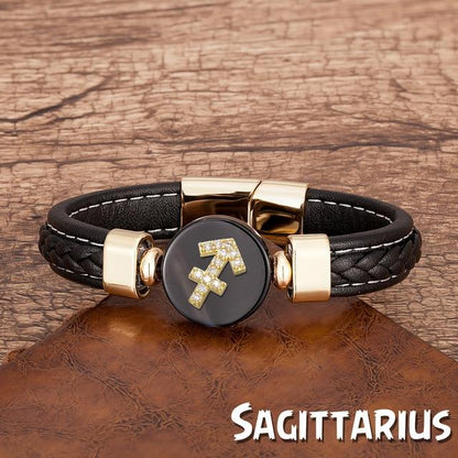 Zodiac Constellations Sign Natural Agate Leather Stainless Steel Bracelet