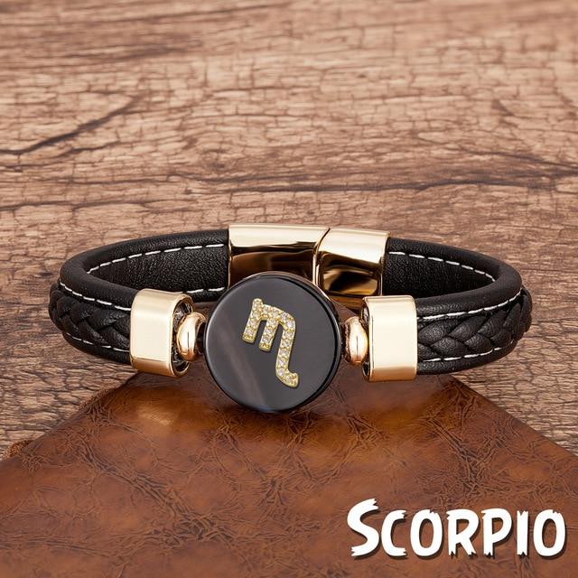 Zodiac Constellations Sign Natural Agate Leather Stainless Steel Bracelet