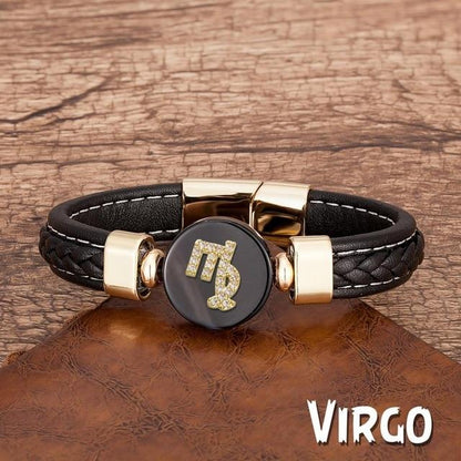 Zodiac Constellations Sign Natural Agate Leather Stainless Steel Bracelet