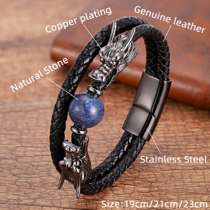 Dragon X Tiger Eye Natural Stone Leather Magnet Bracelet