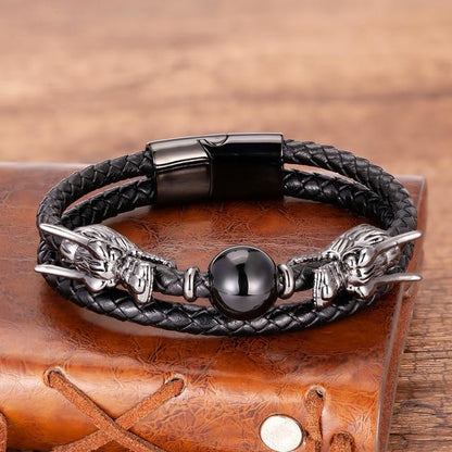 Dragon X Tiger Eye Natural Stone Leather Magnet Bracelet