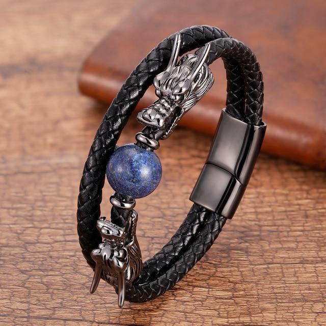 Dragon X Tiger Eye Natural Stone Leather Magnet Bracelet