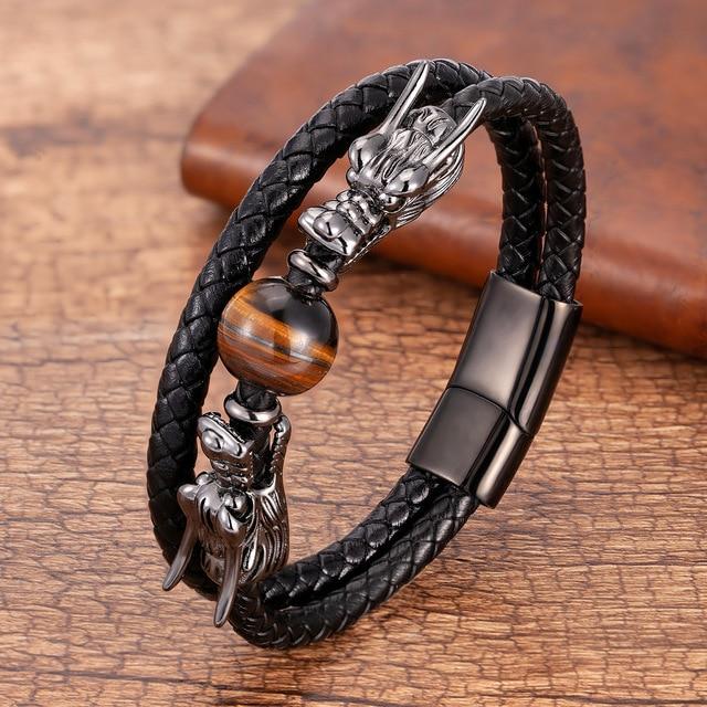 Dragon X Tiger Eye Natural Stone Leather Magnet Bracelet