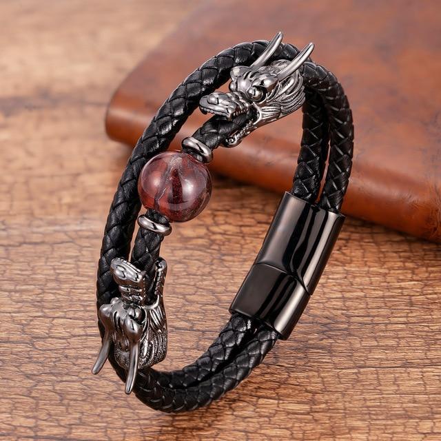 Dragon X Tiger Eye Natural Stone Leather Magnet Bracelet