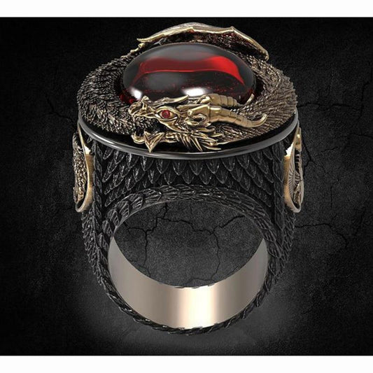 Gold Dragon Red Crystal Stainless Steel Ring