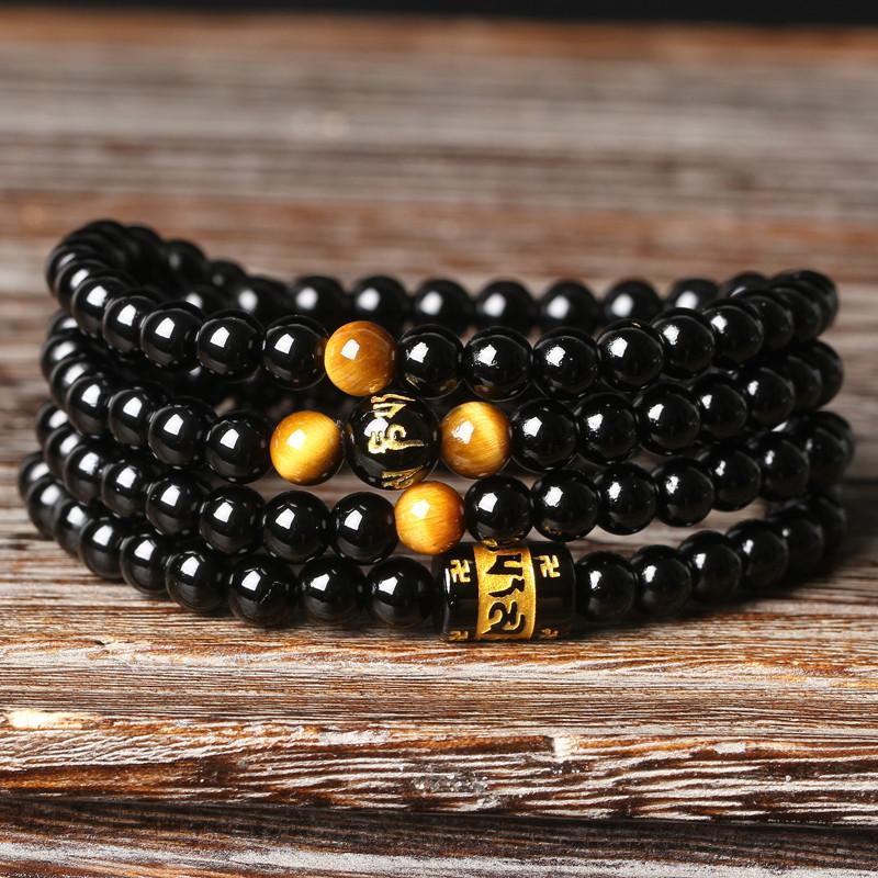 108 Natural Black Onyx Tiger Eye Tibetan Six True Words Mantra Beads Mala Bracelet