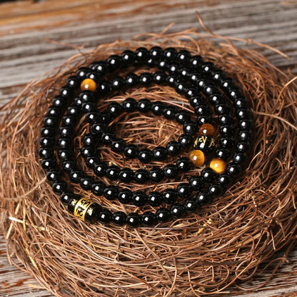 108 Natural Black Onyx Tiger Eye Tibetan Six True Words Mantra Beads Mala Bracelet