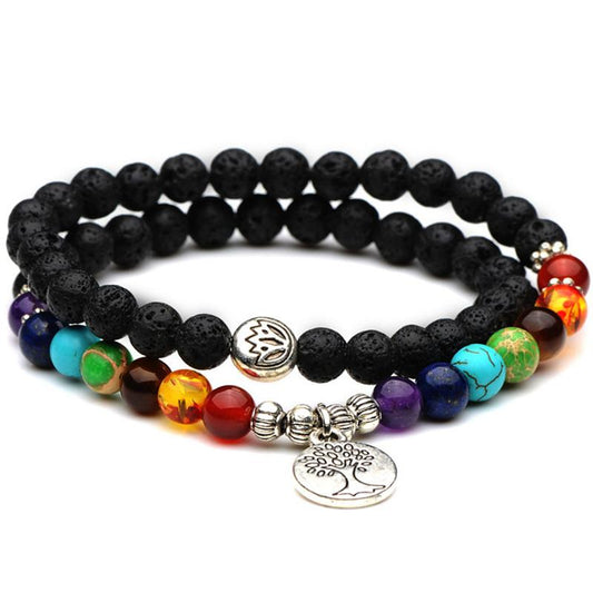 Tree of Life Chakra Lava Stone Beads Double Row Length Bracelet