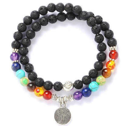 Tree of Life Chakra Lava Stone Beads Double Row Length Bracelet