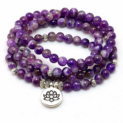 108 Amethyst Purple Mala Beads Lotus Bracelet