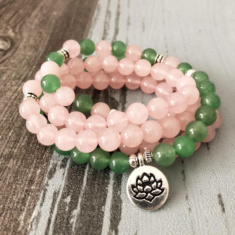 Rose Quartz Green Aventurine Mala 108 Beads Bracelet - Lotus / Buddha / Om