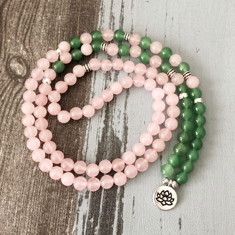 Rose Quartz Green Aventurine Mala 108 Beads Bracelet - Lotus / Buddha / Om