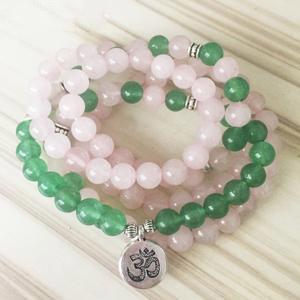 Rose Quartz Green Aventurine Mala 108 Beads Bracelet - Lotus / Buddha / Om