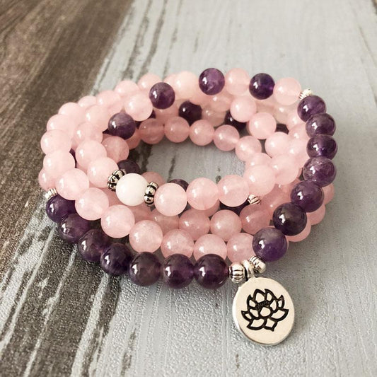 Rose Quartz Amethyst Mala 108 Beads Bracelet - Lotus / Buddha / Om