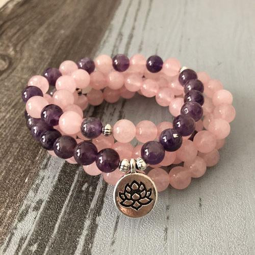 Rose Quartz Amethyst Mala 108 Beads Bracelet - Lotus / Buddha / Om