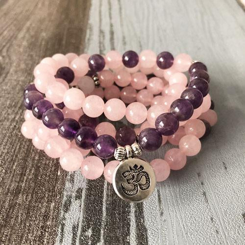 Rose Quartz Amethyst Mala 108 Beads Bracelet - Lotus / Buddha / Om