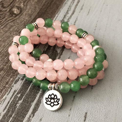 Rose Quartz Green Aventurine Mala 108 Beads Bracelet - Lotus / Buddha / Om