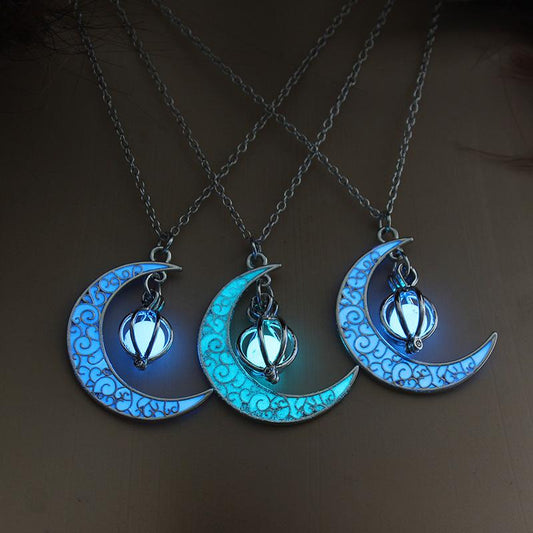 Glow In the Dark Crescent Moon Luminous Stone Beads Pendant Necklace