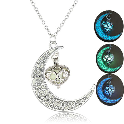 Glow In the Dark Crescent Moon Heart Pendant Necklace