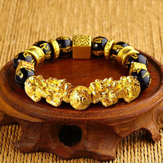 Gold Color Pixiu (Brave Troops) Six True Words Mantra Beads Bracelet