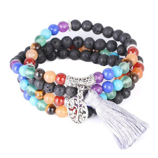 Tree of Life 7 Chakra Black Lava Rock 108 Mala Beads Bracelet