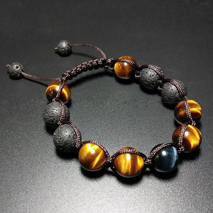 Blue Yellow Tiger's Eye Gem Lava Beads Bracelet