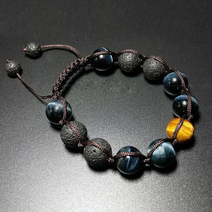 Blue Yellow Tiger's Eye Gem Lava Beads Bracelet