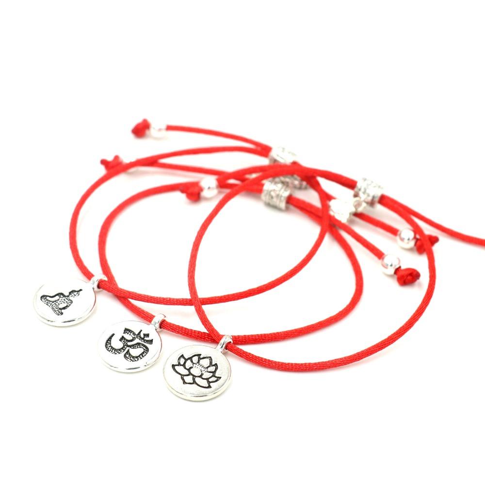 Lucky Red Rope Om Buddha Lotus Charm Bracelet Set - 3 Pieces