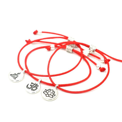 Lucky Red Rope Om Buddha Lotus Charm Bracelet Set - 3 Pieces