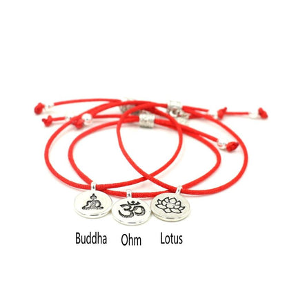 Lucky Red Rope Om Buddha Lotus Charm Bracelet Set - 3 Pieces