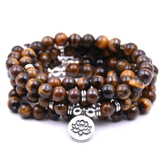 108 Tiger Eye Mala Beads Bracelet  - Lotus / Buddha / Om