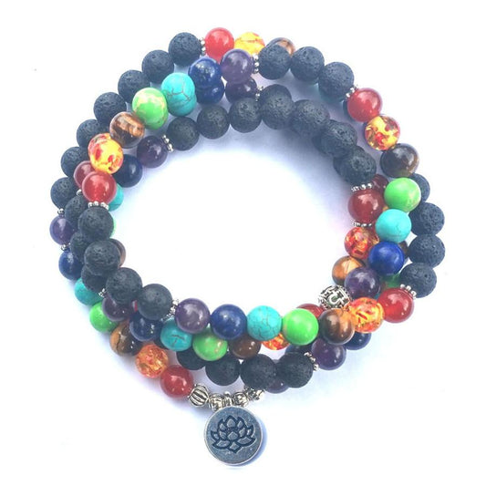 7 Chakra and Lava Stone 108 Beads Mala Bracelet - Lotus / Om / Buddha Charm