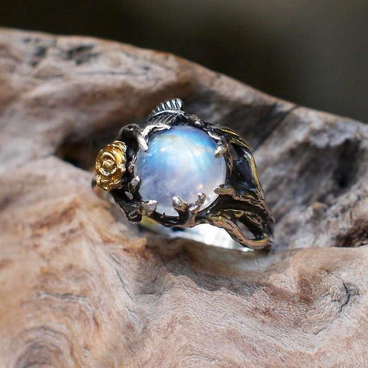 Vintage Moonstone With Mini Gold Rose Ring